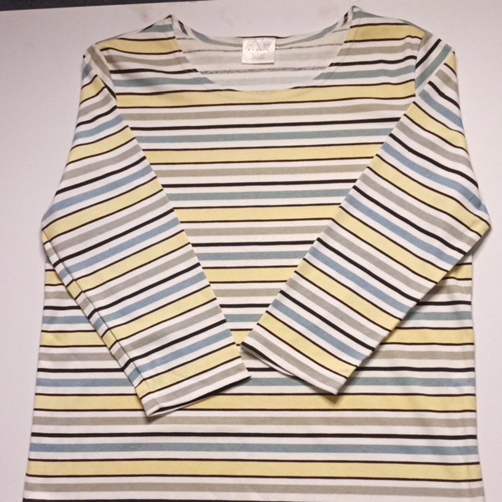 Women's Studio Long-Sleeve Striped Tee in Yellow, Blue & White - Size L (NWOT)